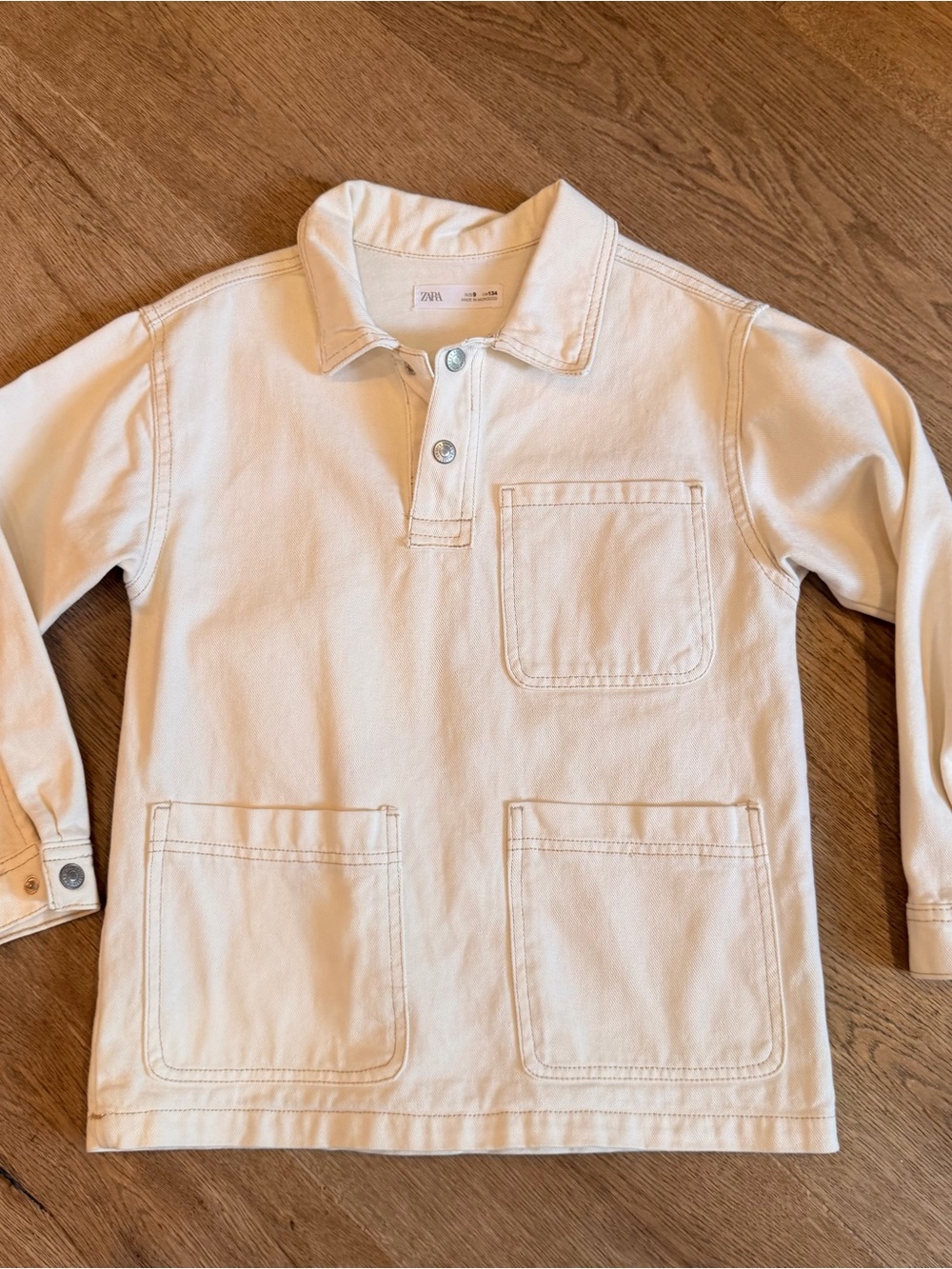 Zara Kids Cream ivory Long-Sleeve denim Pocket Polo Shirt d